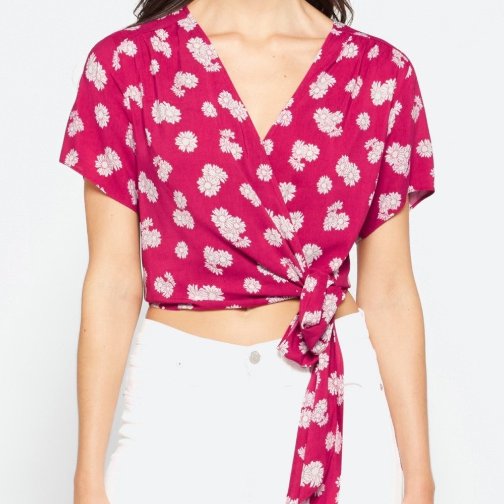 Cropped Magenta Blouse With Tie Size XL